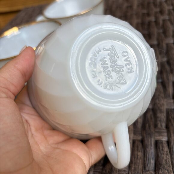 Vintage Fire-King Swirl White Milk Glass Cups with Gold Trim – Set of 3 - Picture 5 of 7